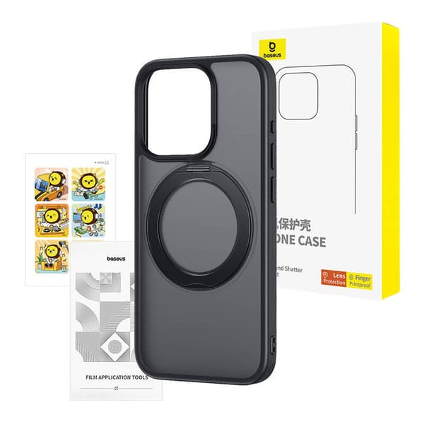 Telefonveske Baseus SkyRing Magnetic med stativ for iP 15 Pro + herdet glass og rengjøringssett (svart)