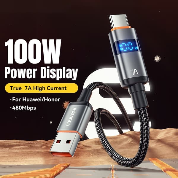 ESSAGER 1 m 100W 7A USB-C Laddningskabel Svart