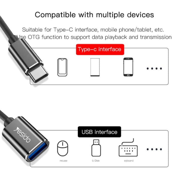 YESIDO USB-C Hane - USB-A Hona Adapter Kabel Svart