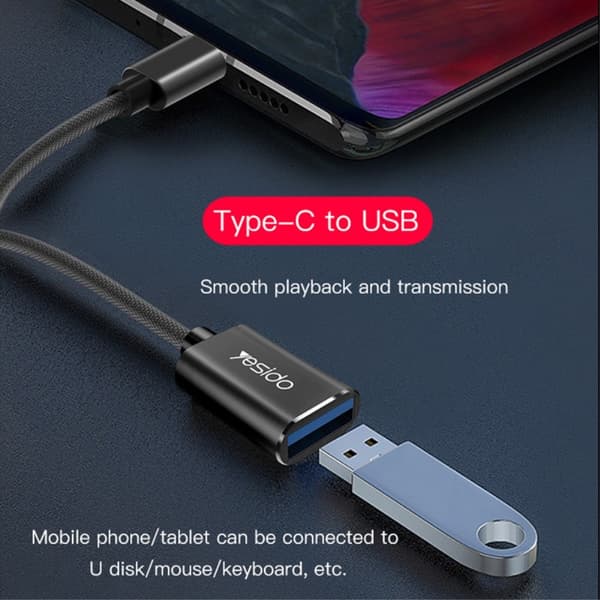 YESIDO USB-C Hane - USB-A Hona Adapter Kabel Svart