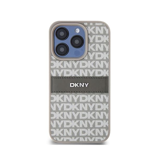 DKNY Leather Mono Stripe & Metal Logo - iPhone 15 Pro Fodral (beige)