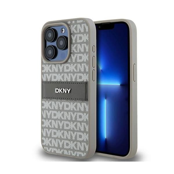 DKNY Leather Mono Stripe & Metal Logo - iPhone 15 Pro Fodral (beige)