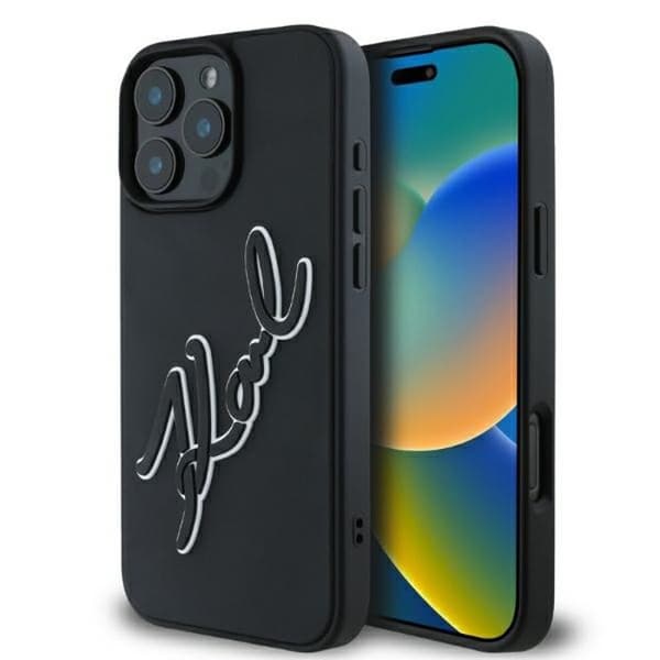 Coque för iPhone 16 Pro Max - Karl Lagerfeld Design 3D (KLHCP16X3DR3DRKSDLK) - Signatur i gummi