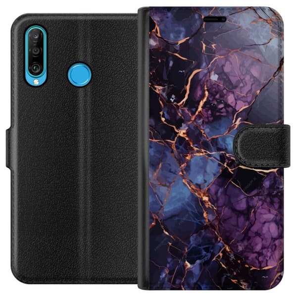 Huawei P30 lite Tegnebogsetui Marmor Blå Lilla