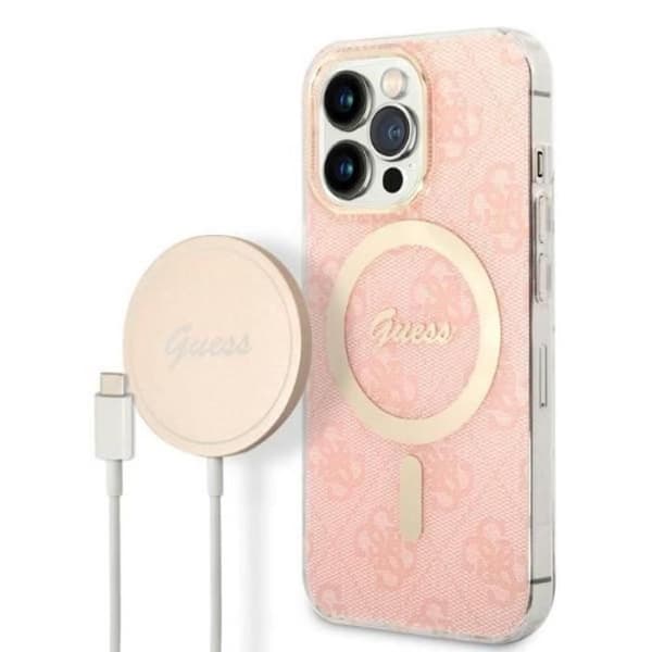 Guess Bundle Pack MagSafe 4G - Skalset för iPhone 13 Pro + MagSafe laddare (Rosa/Guld) - 3666339103026