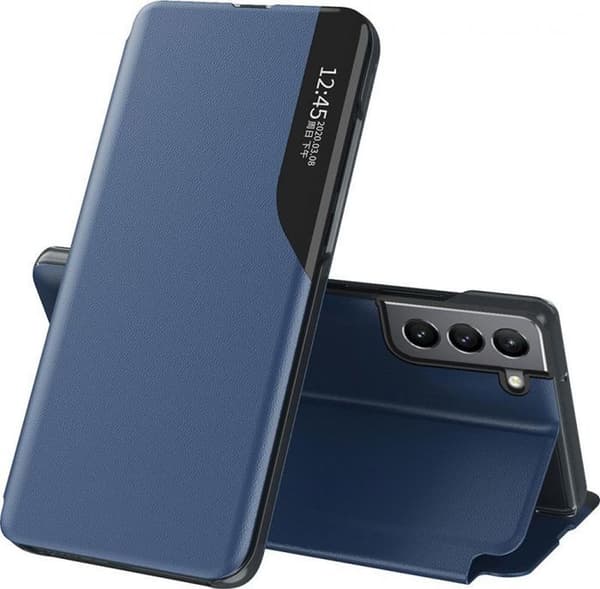 Hurtel Eco Leather View Case elegant fodral med lock och stödfunktion för Samsung Galaxy S22+ (S22 Plus) blå
