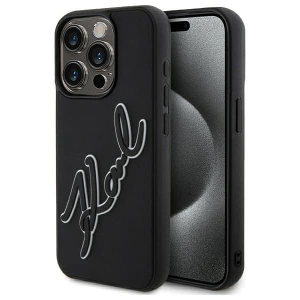 Hus - fodral - strumpa Karl Lagerfeld - KLHCP15L3DRKSDLK - iPhone 15 Pro 6,1 hård skal svart 3D Gummi Signatur