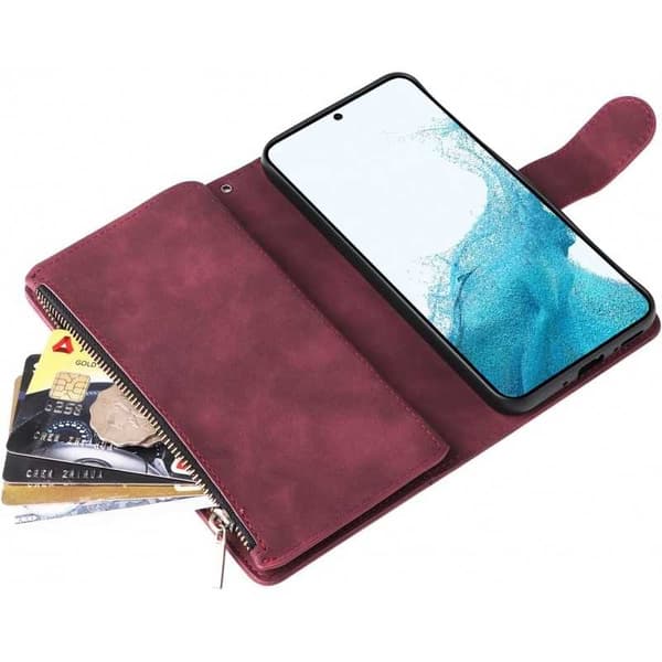Samsung S25 Plus Multifunktionellt Plånboksfodral Zipper 8-Fack Vinröd