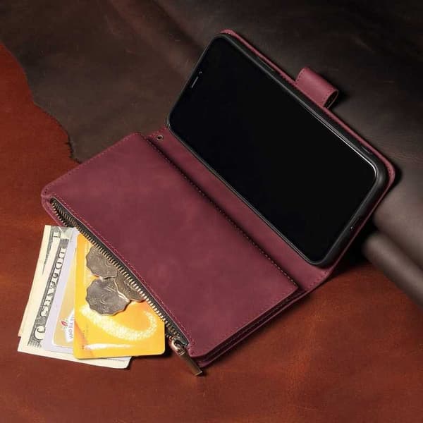 Samsung S25 Plus Multifunktionellt Plånboksfodral Zipper 8-Fack Vinröd