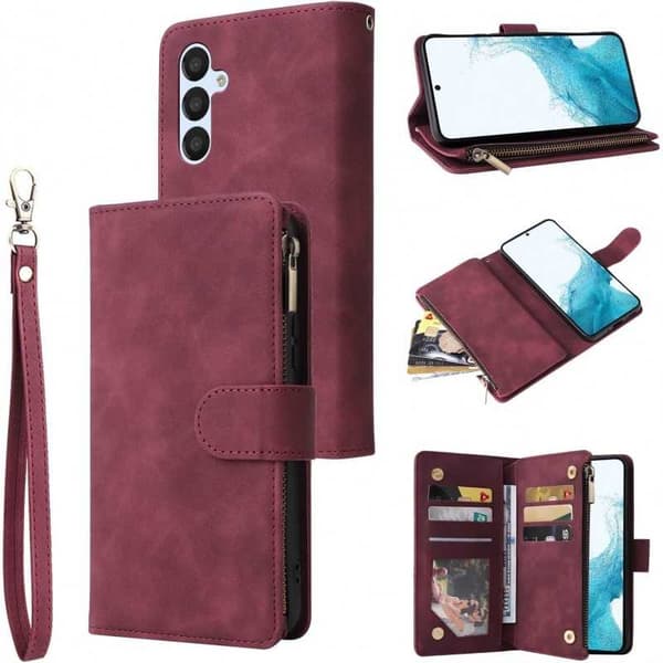 Samsung S25 Plus Multifunktionellt Plånboksfodral Zipper 8-Fack Vinröd