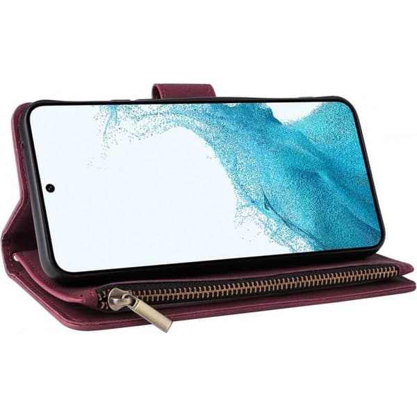 Samsung S25 Multifunktionellt Plånboksfodral Zipper 8-Fack Vinröd