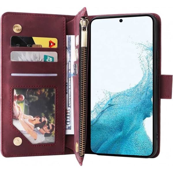 Samsung S25 Multifunktionellt Plånboksfodral Zipper 8-Fack Vinröd
