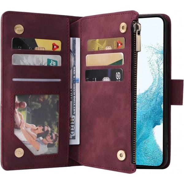 Samsung S25 Multifunktionellt Plånboksfodral Zipper 8-Fack Vinröd