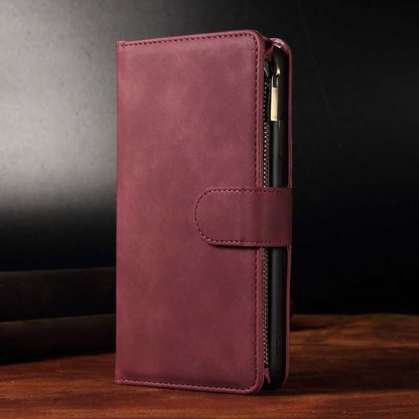 Samsung S25 Multifunktionellt Plånboksfodral Zipper 8-Fack Vinröd