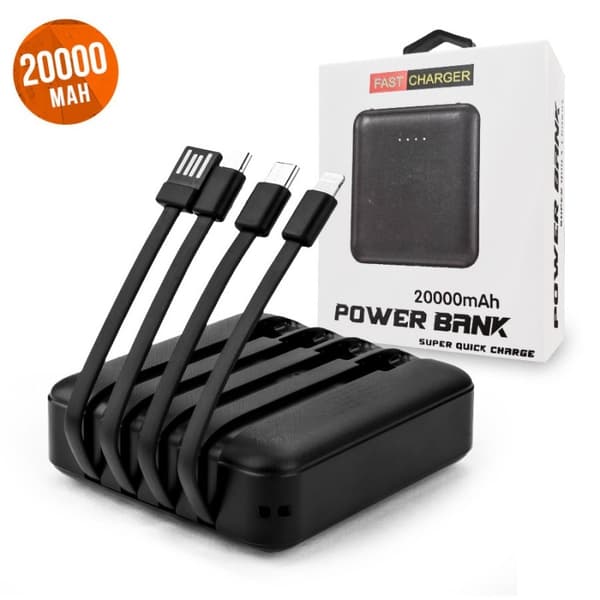 Powerbank Square 20000mAh 4-i-1 för iOS/iPhone, Type-C, Micro USB och Type-A
