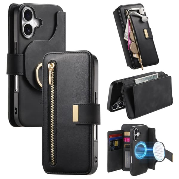 INF Lompakkokotelo iPhone 16 Plus -puhelimelle, jossa on sormuspidike