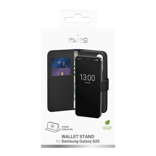 Puro Samsung Galaxy S25 Kotelo Wallet Stand Musta