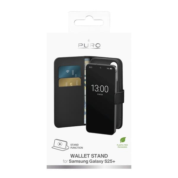 Puro Samsung Galaxy S25 Plus Kotelo Wallet Stand Musta