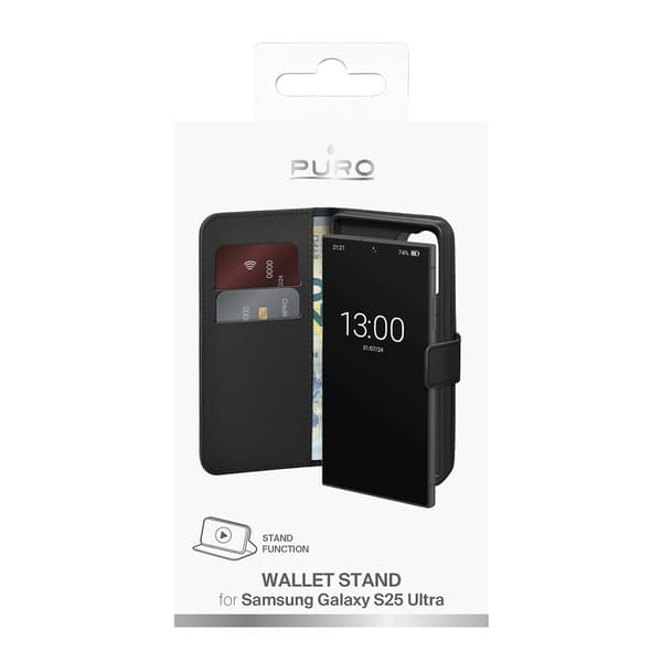 Puro Samsung Galaxy S25 Ultra Kotelo Wallet Stand Musta