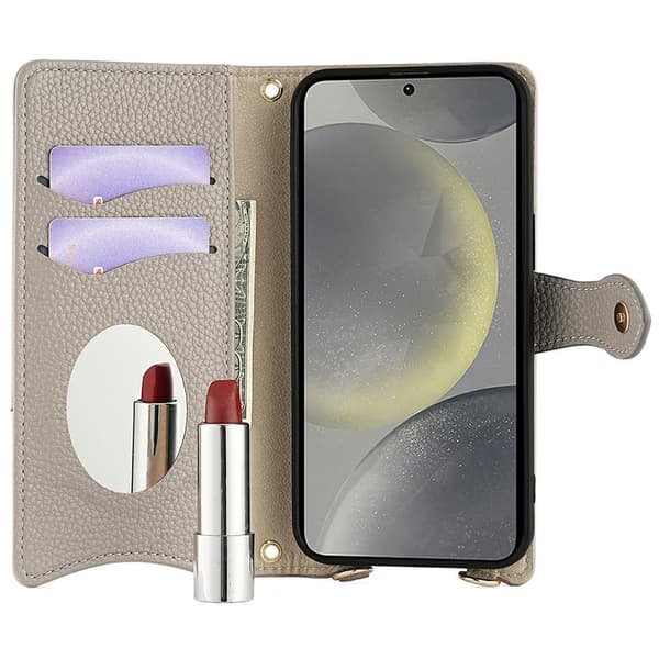 SKALO Samsung S25 Litchi Makeup Mirror Chain Lompakkokotelo - Harmaa