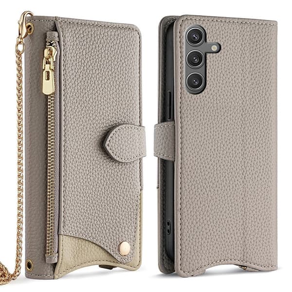 SKALO Samsung S25 Litchi Makeup Mirror Chain Lompakkokotelo - Harmaa