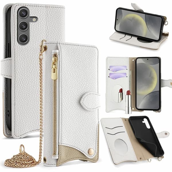 SKALO Samsung S25 Litchi Makeup Mirror Chain Flip Cover - Hvid