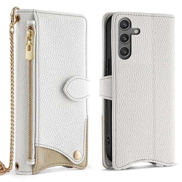 SKALO Samsung S25 Litchi Makeup Mirror Chain Flip Cover - Hvid