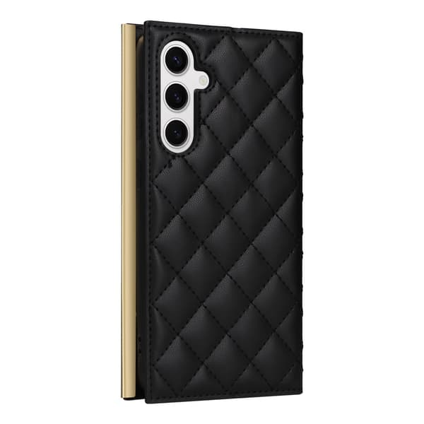 SKALO Samsung S25 Guldkant Quiltat Axelrem Plånboksfodral - Svart