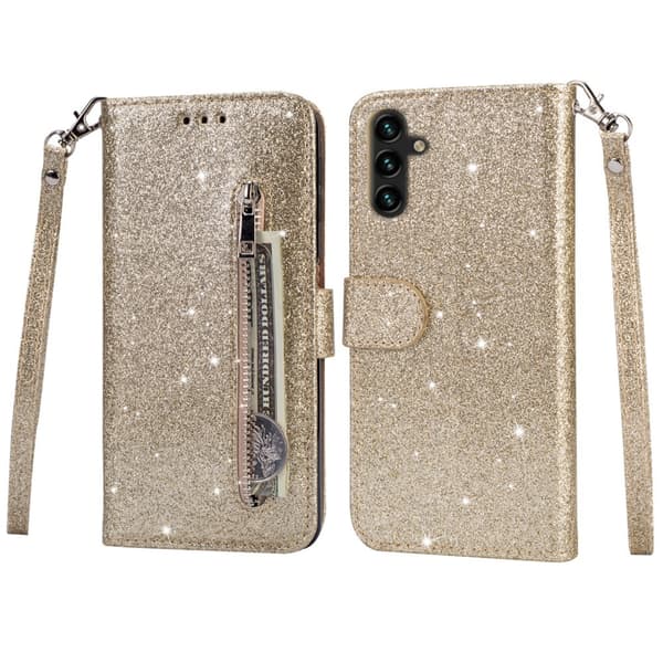 SKALO Samsung S25+ Glitter Vetoketju Lompakkokotelo - Kulta