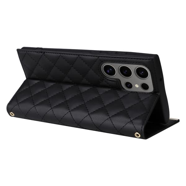 SKALO Samsung S25 Ultra Quiltet skulderrem med guldkant Flip Cover - Sort