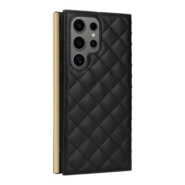 SKALO Samsung S25 Ultra Quiltet skulderrem med guldkant Flip Cover - Sort
