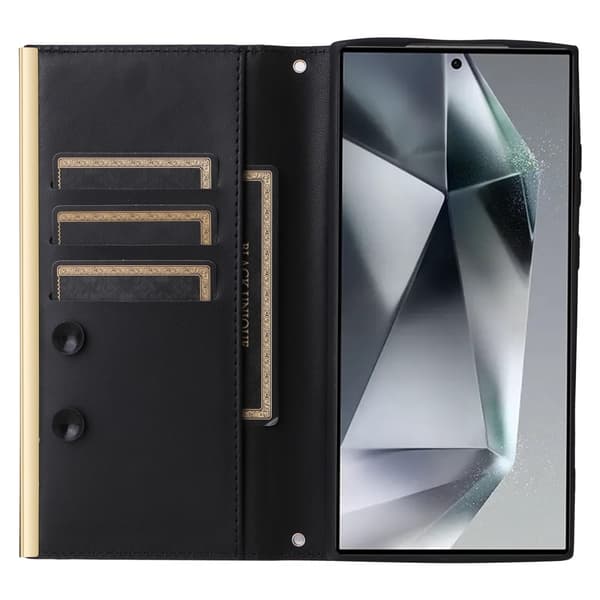 SKALO Samsung S25 Ultra Quiltet skulderrem med guldkant Flip Cover - Sort