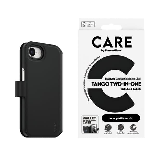 CARE by PanzerGlass iPhone 16e Kotelo Tango Two-in-One Wallet MagSafe Musta