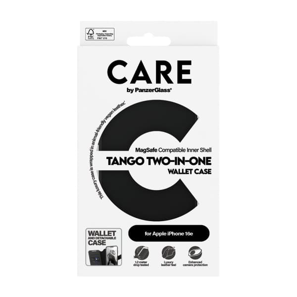 CARE by PanzerGlass iPhone 16e Kotelo Tango Two-in-One Wallet MagSafe Musta