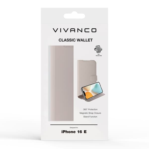 Vivanco iPhone 16e Kotelo Classic Wallet Greige
