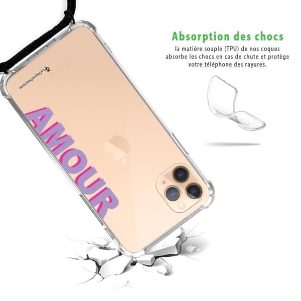 Coque snöre iPhone 11 Pro svart snöre Design Kärlek lila och fuchsia La Coque Francaise