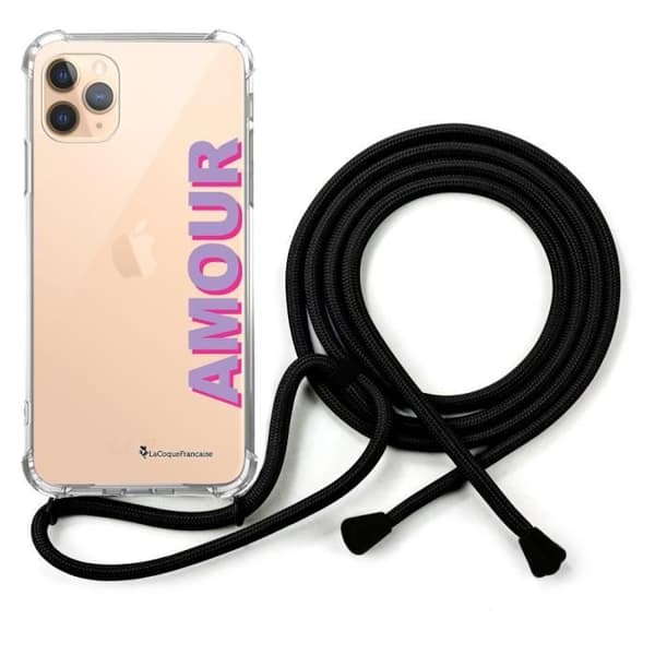 Coque snöre iPhone 11 Pro svart snöre Design Kärlek lila och fuchsia La Coque Francaise