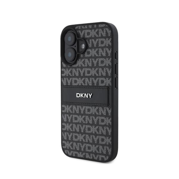 Coque för iPhone 16 Edition Repeat Pattern Tonal Stripe med Metalliskt Logo DKNY Svart