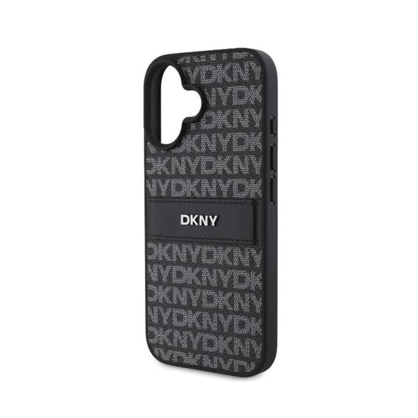 Coque för iPhone 16 Edition Repeat Pattern Tonal Stripe med Metalliskt Logo DKNY Svart