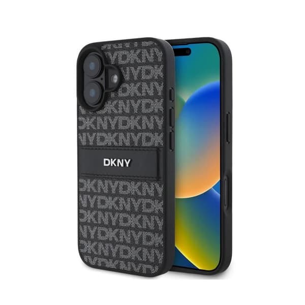 Coque för iPhone 16 Edition Repeat Pattern Tonal Stripe med Metalliskt Logo DKNY Svart