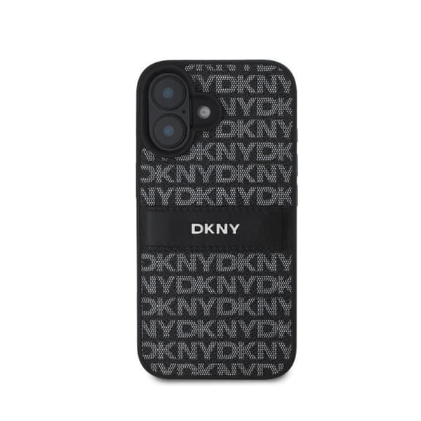 Coque för iPhone 16 Edition Repeat Pattern Tonal Stripe med Metalliskt Logo DKNY Svart