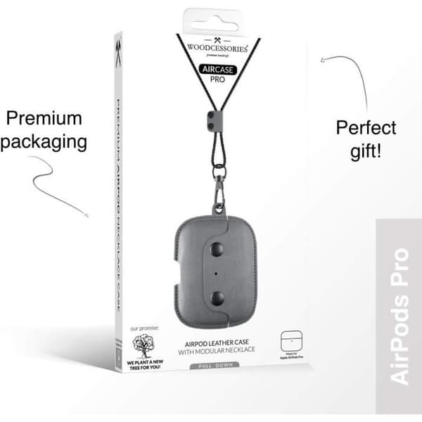 Housse AirPods Pro - Woodcessories - AirCase Grå - Läder av fullkorn - Justerbar halsband - Fallskydd