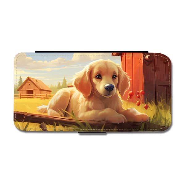 Tecknad Golden Retriever Hund iPhone 16 Pro Flip Mobilfodral