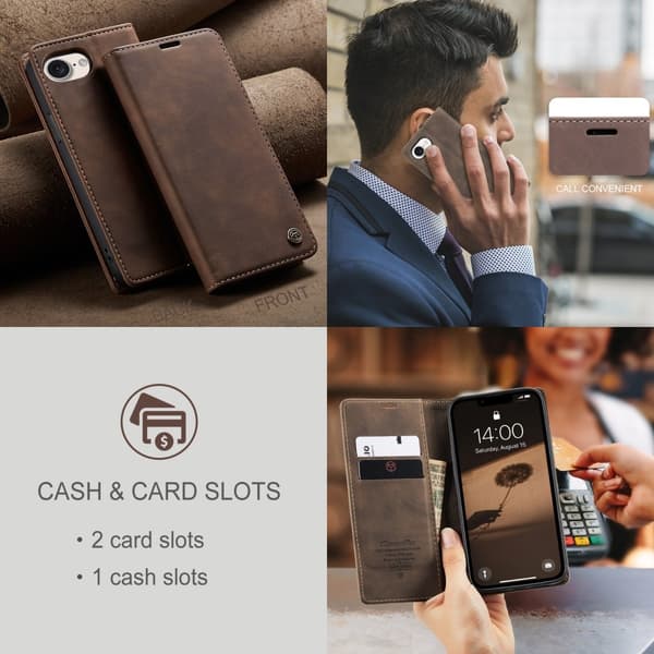 CaseMe iPhone 16e 013 Series PU-Læder Flip Cover - Mørkebrun