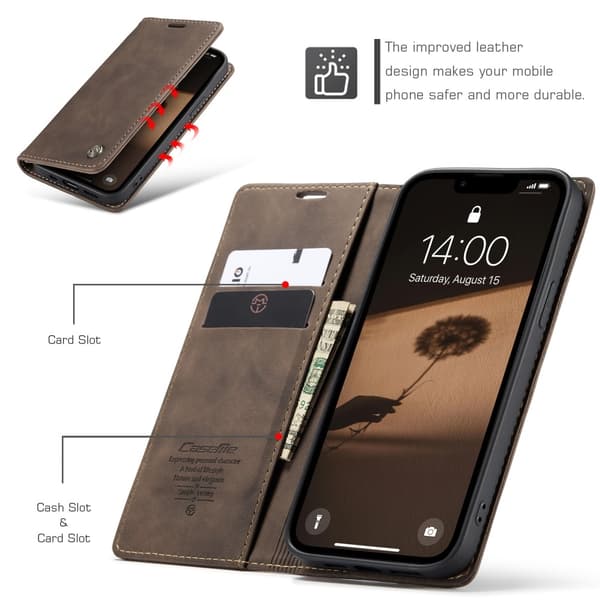CaseMe iPhone 16e 013 Series PU-Læder Flip Cover - Mørkebrun