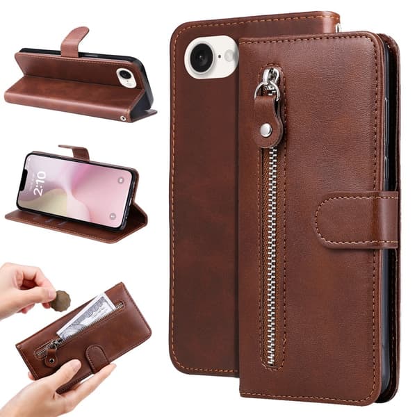 SKALO iPhone 16e Klassisk lynlås Flip Cover - Brun