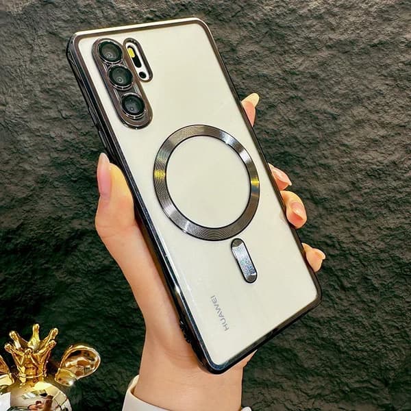 Lyxigt magnetiskt transparent mjukt fodral, lättviktigt, trådlös laddning,För Huawei P30 Pro, svart