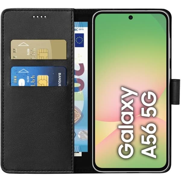 Coque - Phonillico® - Samsung Galaxy A56 5G - Plånbok Svart - Semi-stiv - Läderlook