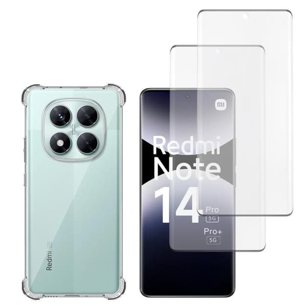 Stöttålig skal - Phonillico® - Xiaomi Redmi Note 14 PRO 5G - Mjuk - Transparent - 2 Härdat glas