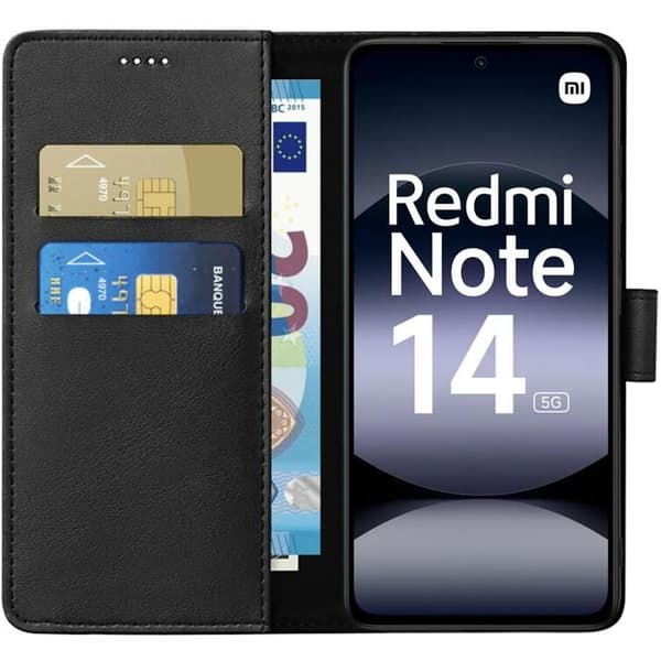 Coque - Phonillico® - Xiaomi Redmi Note 14 5G - Plånbok Svart - Magnetknäppning - Kortfack